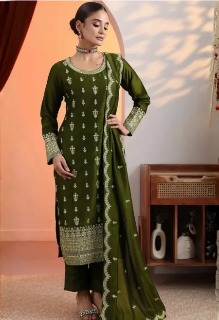 Memsaab Olive Green Chinon Embroidered Kurta Set