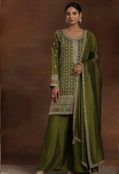 Memsaab Olive Green Ethnic Embroidered Sharara Set