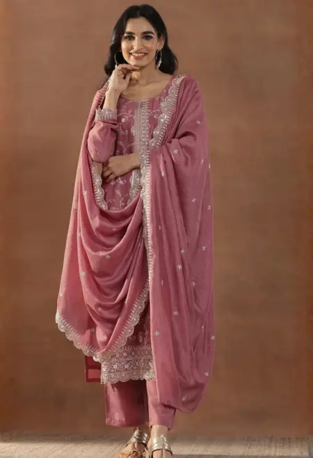 Memsaab Onion Pink Sequinned Floral Embroidered Kurta Set