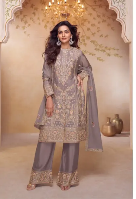 Memsaab Opulent Taupe Embroidered Chinon Suit Set