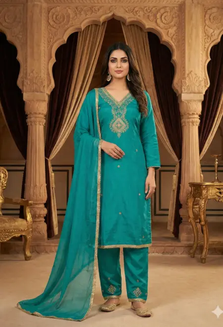 Memsaab Peacock Teal Zari Embroidered Crape Kurta Set