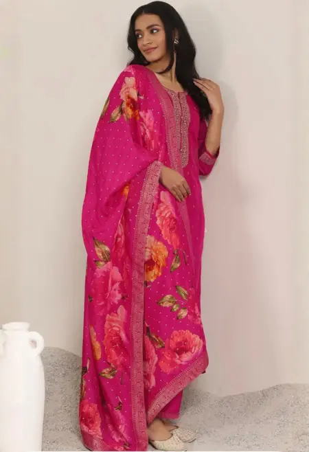 Memsaab Pink Floral Embroidered Kurta Set