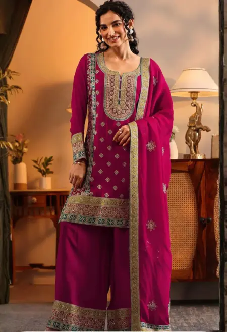 Memsaab Pink Gold Blue Embroidered Kurta Set
