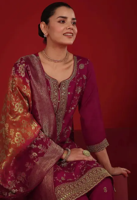 Memsaab Pink Gold Embroidered Sharara Set