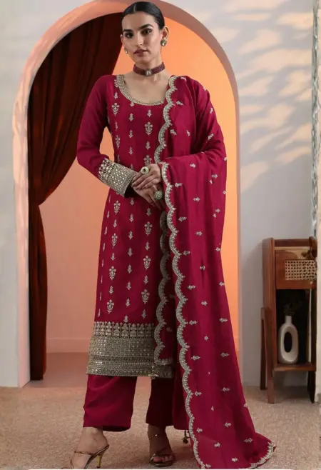 Memsaab Pink Gold Ethnic Print Chinon Kurta Set1