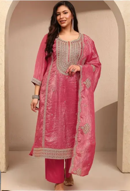 Memsaab Pink Organza Embroidered Kurta Palazzo Set