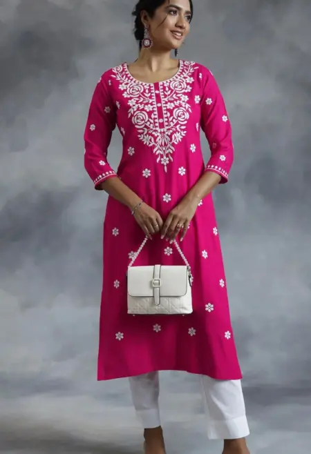 Memsaab pink thread work embroidered straight kurta in viscose rayon everyday festive wear New Zealand