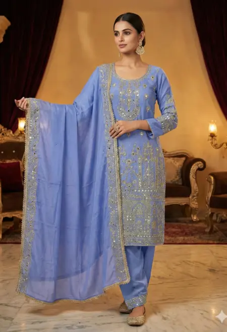 Memsaab Powder Blue Embroidered Crepe Suit Set
