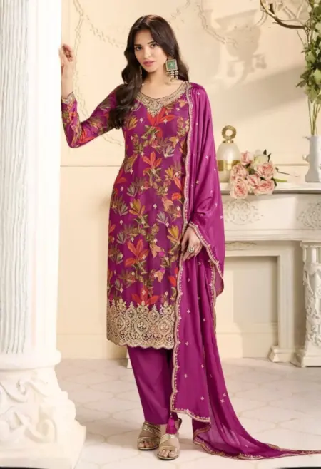 Memsaab purple dola silk digital print kurta set with embroidered dupatta festive wear New Zealand