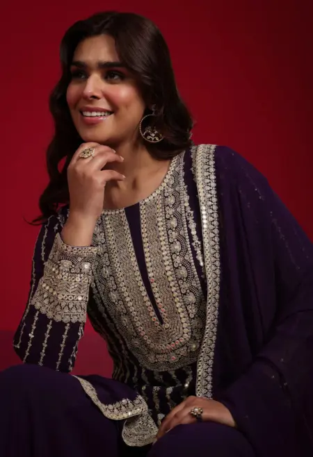Memsaab Purple Embroidered Georgette A-Line Sharara Set