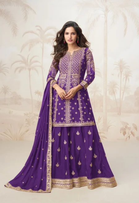 Memsaab Purple Embroidered Kurta Sharara Set