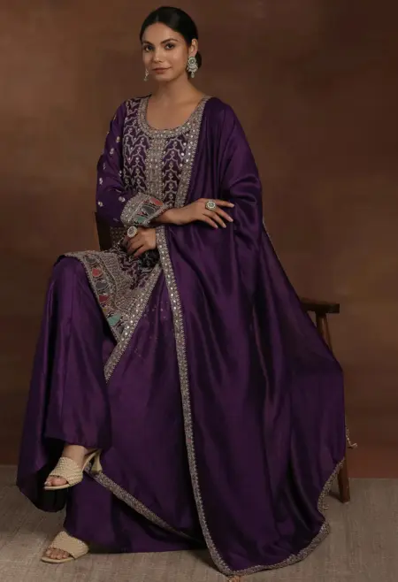 Memsaab Purple Embroidered Silk Blend Sharara Set