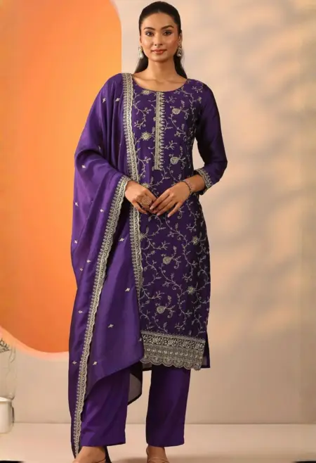 Memsaab Purple Floral Embroidered Kurta Set