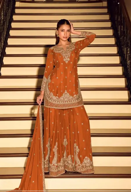 Memsaab Radiant Burnt Orange Embroidered Chinon Sharara Set