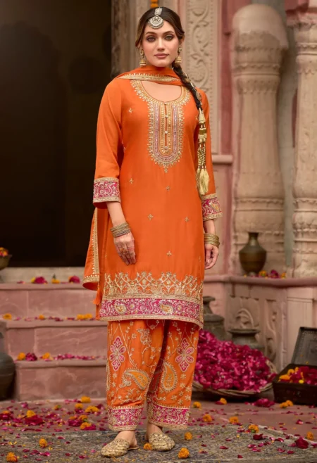 Orange Heavy Embroidered Kurta Set