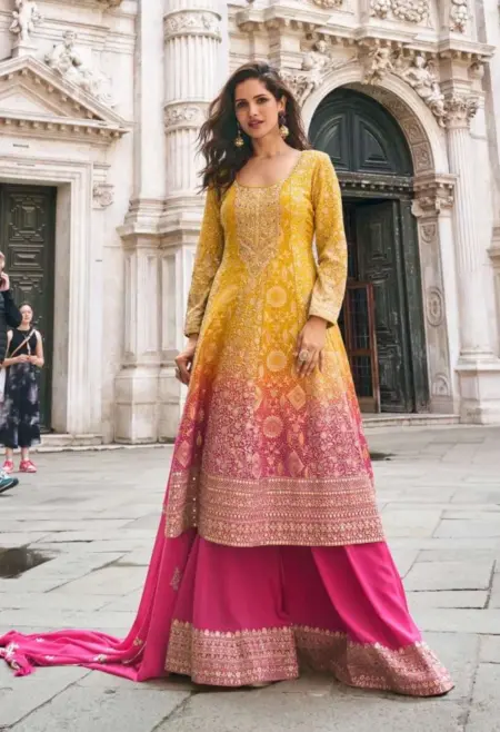 Memsaab Radiant Yellow Pink Ombre Embroidered Chinon Sharara Set