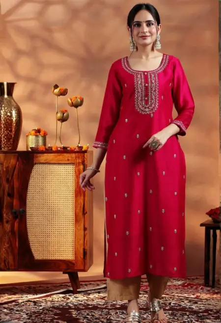 Memsaab Red Floral Zari Silk Kurta