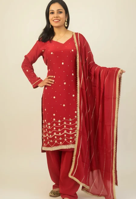 Memsaab Red Handwork Embroidered Kurta Palazzo Set