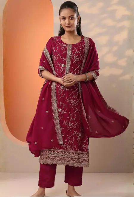 Memsaab Red Silver Embroidered Kurta Set