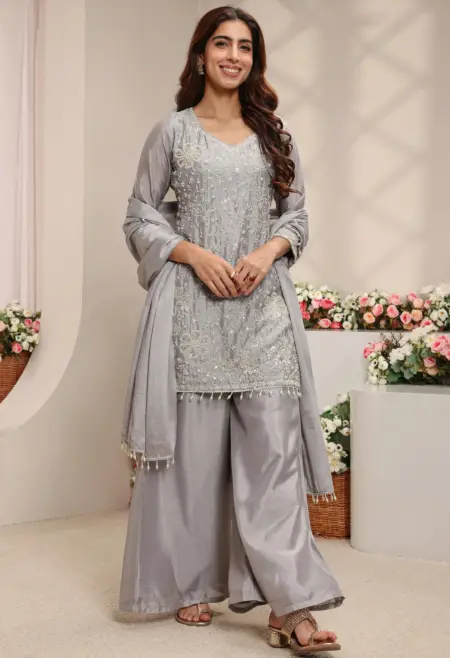 Memsaab Refined Grey Embroidered Palazzo Set