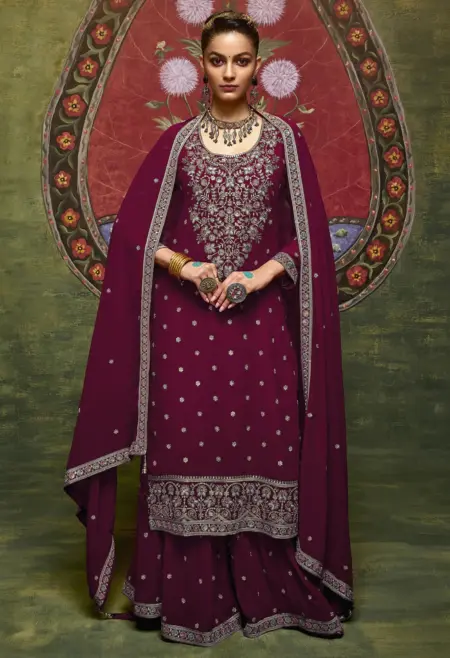 Memsaab Regal Maroon Embroidered Georgette Sharara Set