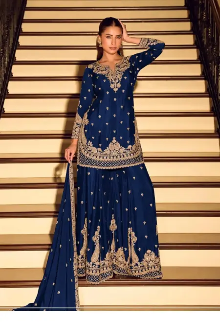 Memsaab Regal Navy Blue Heavy Embroidered Chinon Sharara Set