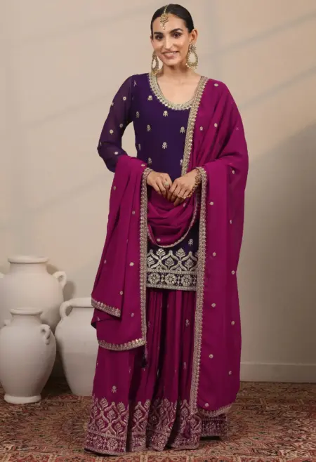Memsaab Regal Purple Embroidered Georgette Sharara Set