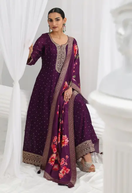 Memsaab Regal Purple Silk Blend Anarkali Suit Set