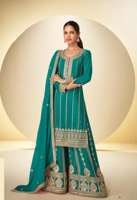 Memsaab Regal Teal Chinon Silk Sharara Set