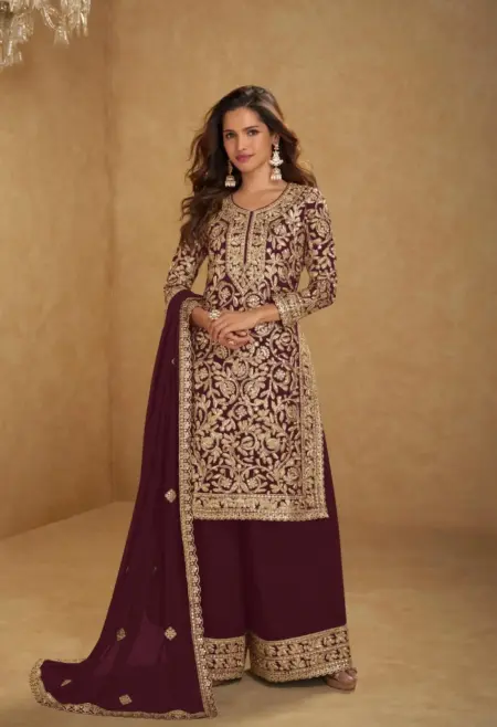 Memsaab Regal Wine Heavy Embroidered Chinon Sharara Set