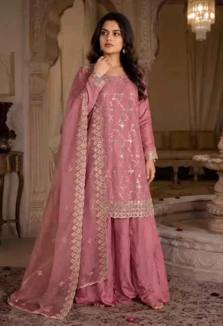 Memsaab Rose Pink Handworked Crepe Sharara Set
