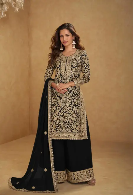 Memsaab Royal Black Heavy Embroidered Chinon Sharara Set