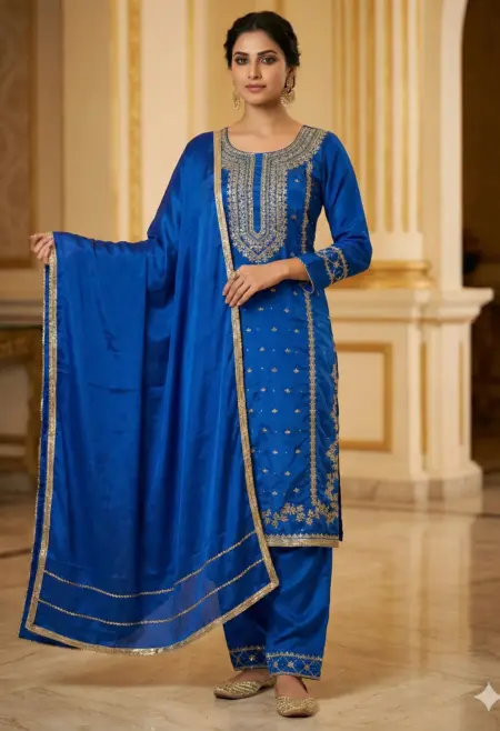 Memsaab Royal Blue Crepe Embroidered Suit Set
