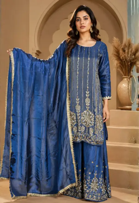 Memsaab Royal Blue Handworked Embroidered Sharara Set