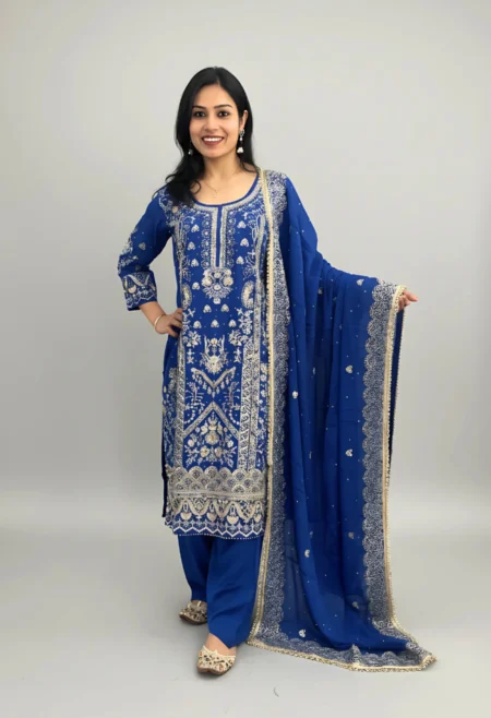 Memsaab Royal Blue Stonework Embroidered Kurta Palazzo Set