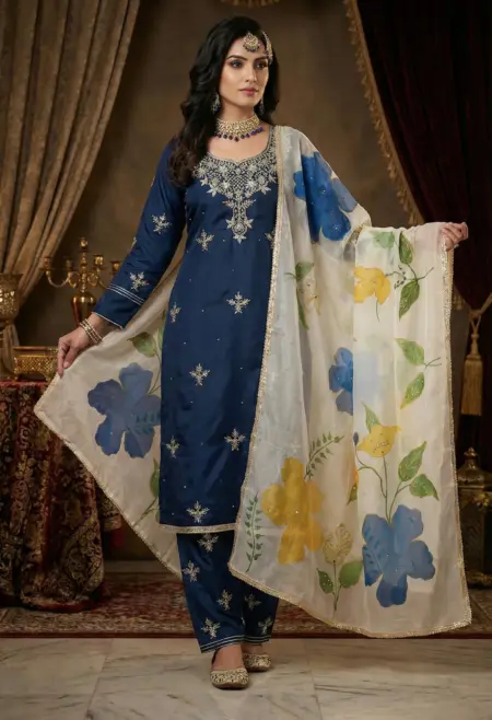 Memsaab Royal Navy Embroidered Silk Kurta Set