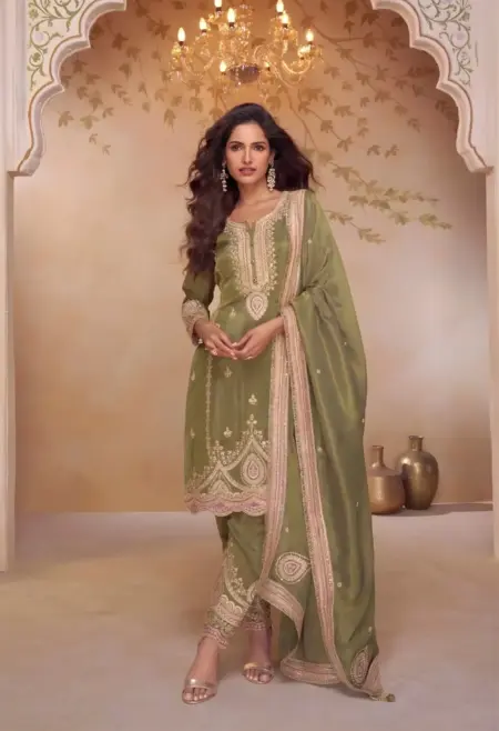 Memsaab Royal Olive Shimmer Silk Suit Set