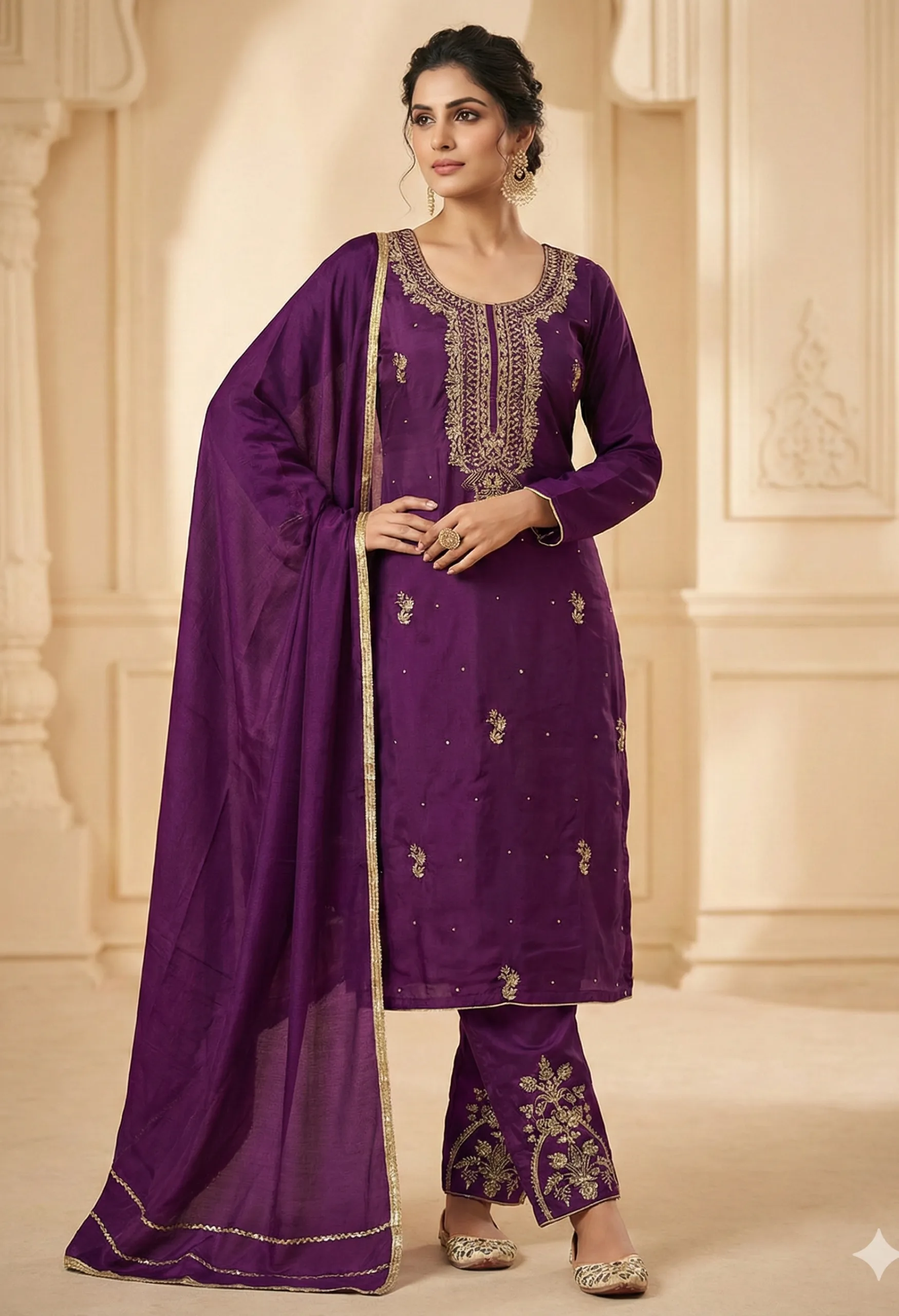 Memsaab Royal Purple Zari Embroidered Kurta Set - Memsaab