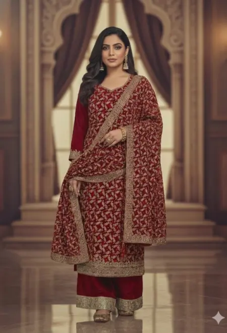 Memsaab Ruby Red Floral Zari Embroidered Crape Kurta Set