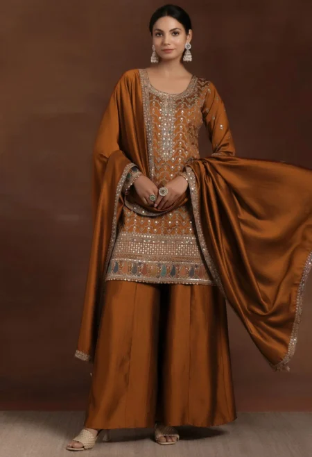 Memsaab Rust Embroidered Kurta Sharara Set