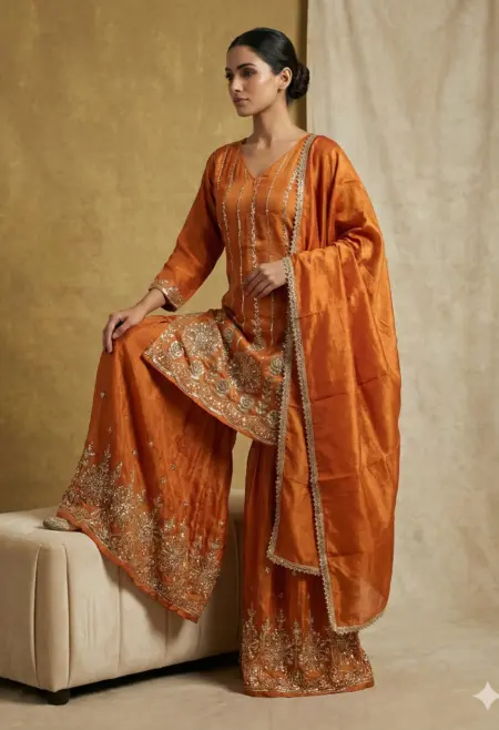 Memsaab Rust Hand Embroidered Crepe Sharara Set