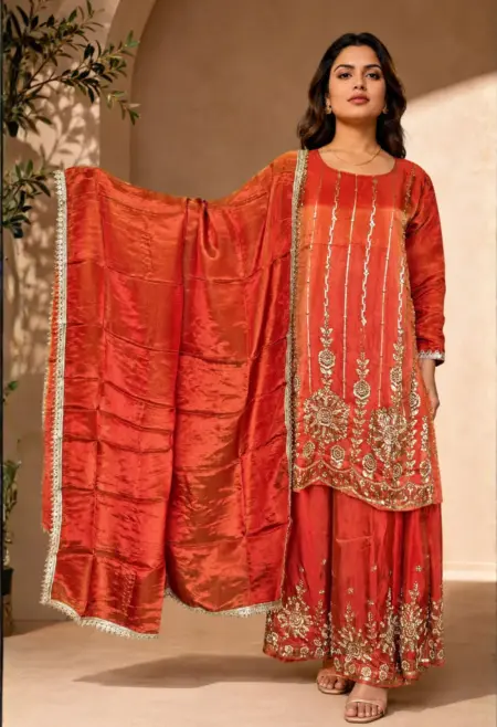 Memsaab Rust Orange Handworked Embroidered Sharara Set