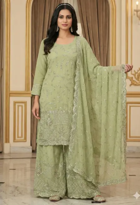 Memsaab Sage Green Embroidered Crepe Sharara Set