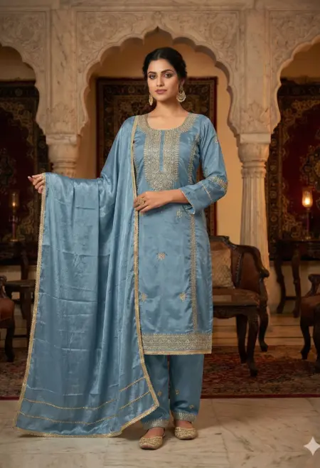 Memsaab Steel Blue Embroidered Crepe Suit Set