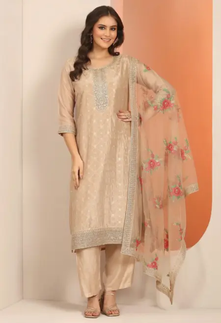 Memsaab Tan Floral Woven Silk Blend Kurta Set