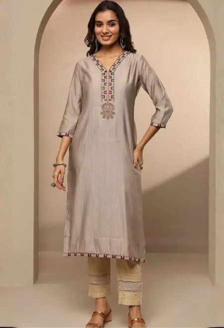Memsaab Taupe Ethnic Yoke Thread Work Kurta