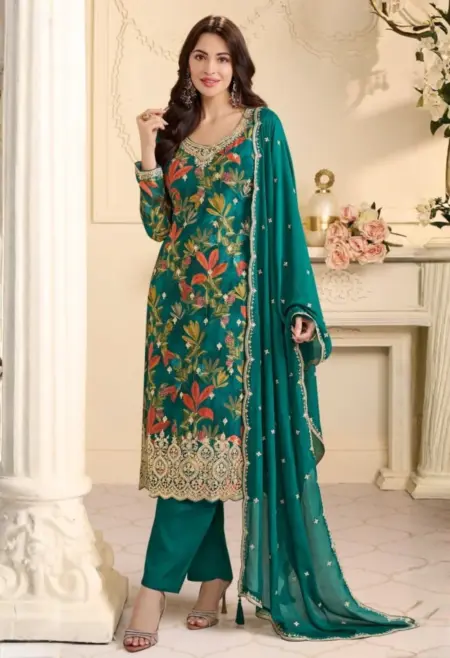 Memsaab teal blue dola silk digital print kurta set with embroidered dupatta festive wear New Zealand