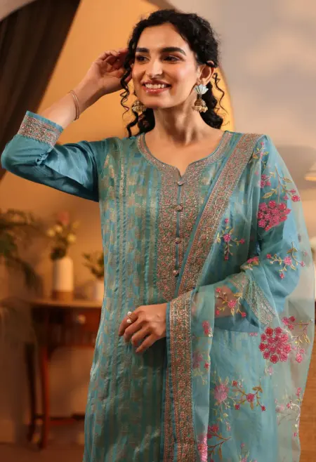 Memsaab Teal Blue Woven Silk Blend Suit Set