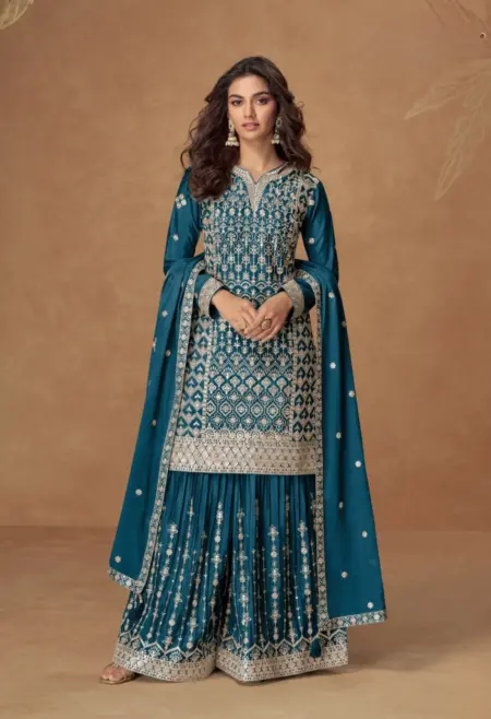 Memsaab Teal Chinon Sequin Sharara Set