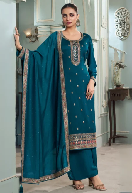 Memsaab Teal Embroidered Silk Suit – Pakistani Suits NZ